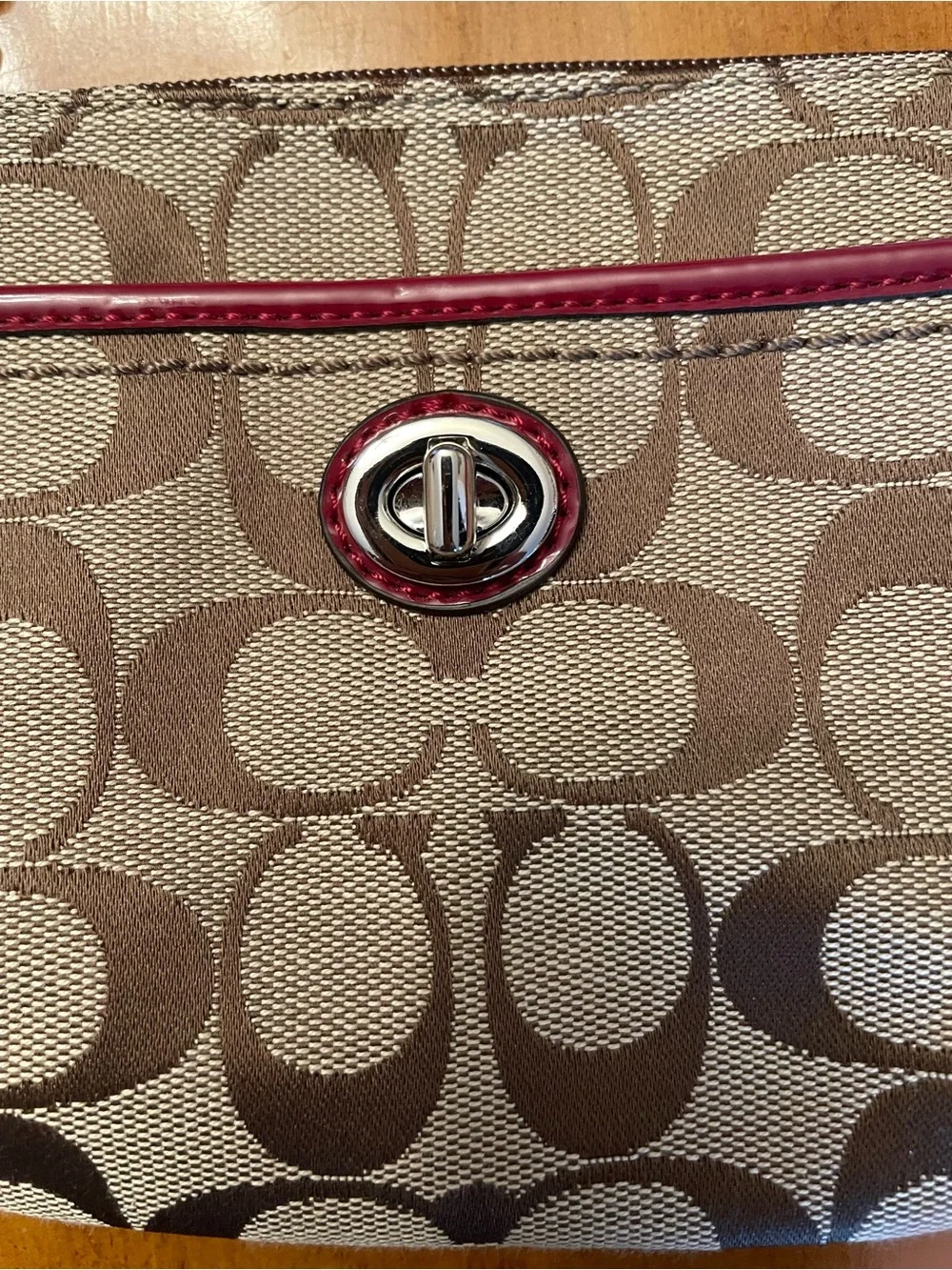 Coach-NWT-Signature Canvas Wristlet in Khaki/Chalk with Ruby Trim